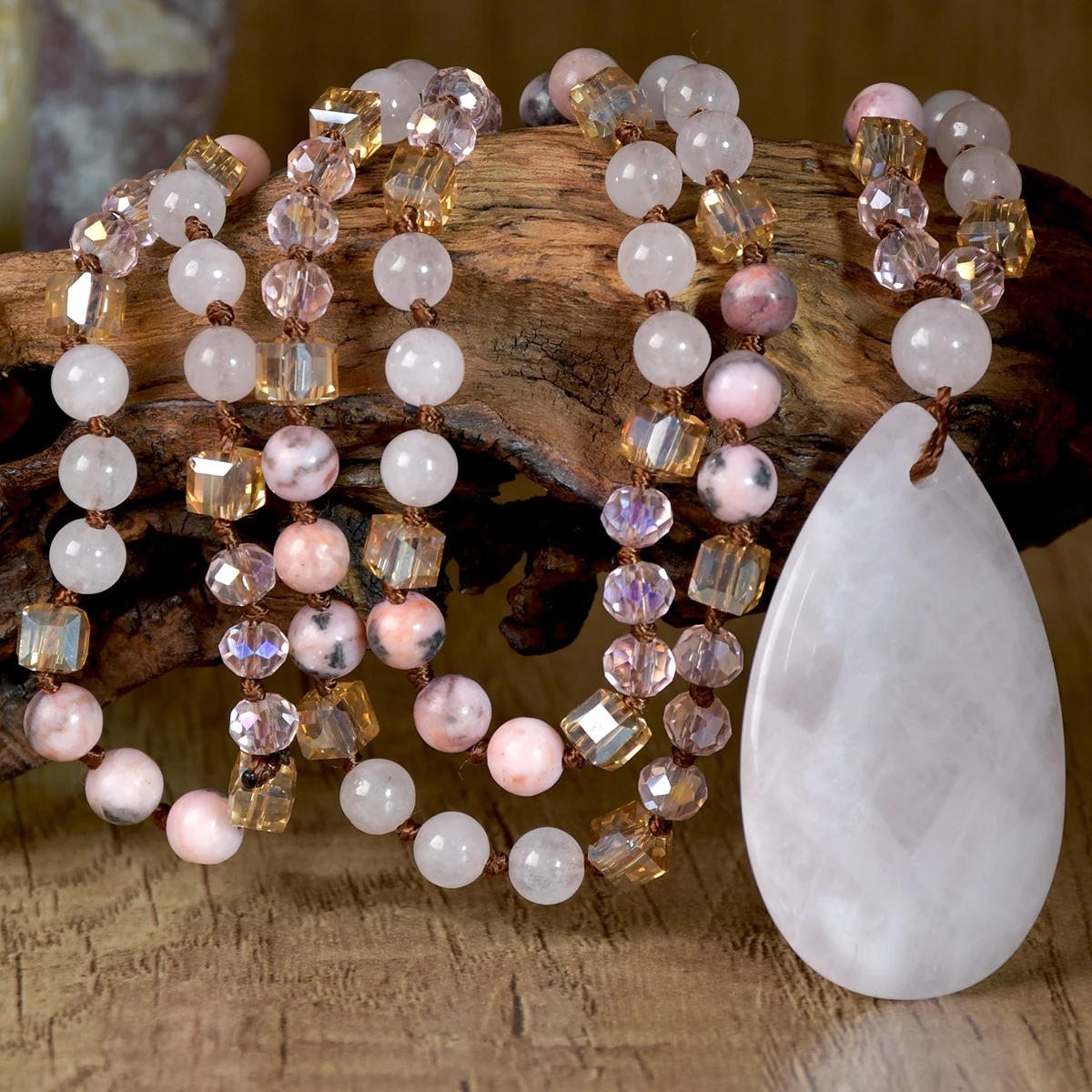 9-Colour Selection Bohemian Natural Stone Large Teardrop Pendant Long Necklace/Jumper Chain For Women Hand-woven