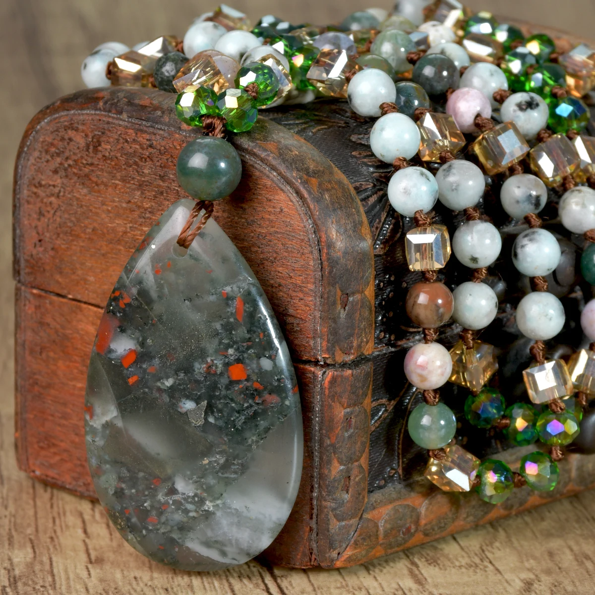 9-Colour Selection Bohemian Natural Stone Large Teardrop Pendant Long Necklace/Jumper Chain For Women Hand-woven