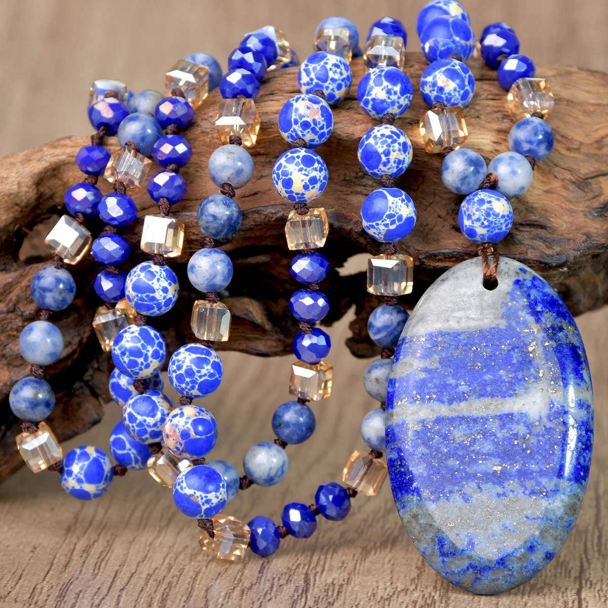 9-Colour Selection Bohemian Natural Stone Large Teardrop Pendant Long Necklace/Jumper Chain For Women Hand-woven