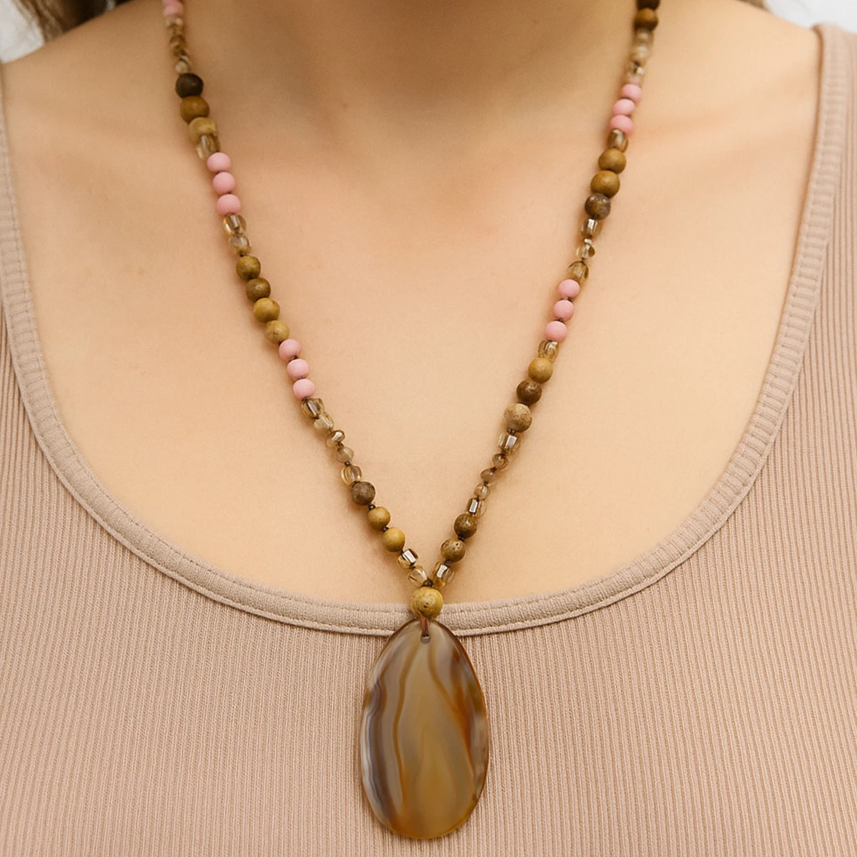 9-Colour Selection Bohemian Natural Stone Large Teardrop Pendant Long Necklace/Jumper Chain For Women Hand-woven