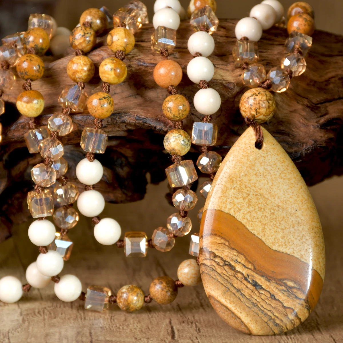 9-Colour Selection Bohemian Natural Stone Large Teardrop Pendant Long Necklace/Jumper Chain For Women Hand-woven