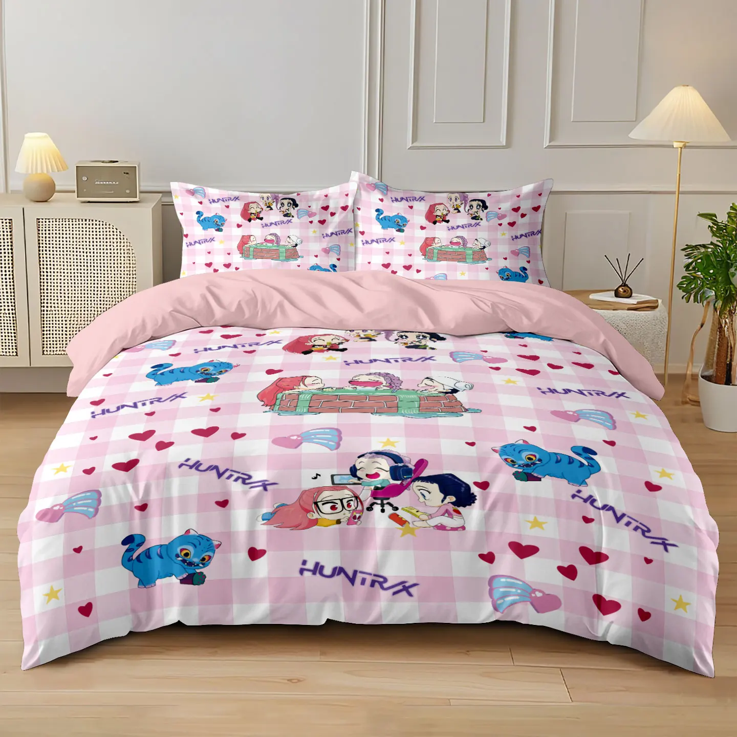3pcs K-Pop Demon Hunters Printed Coreless Bedding Set Soft Dormitory Bedroom Multiple Sizes Machine Washable