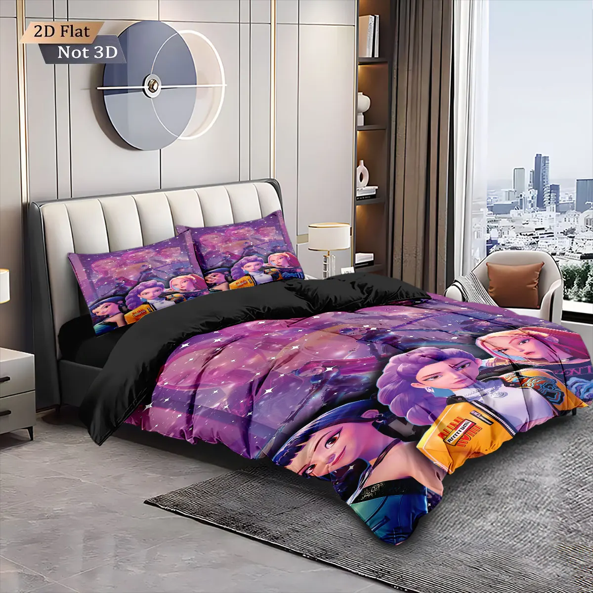3pcsK-Pop Demon Hunters Printed Core less Down Quilt Set Comfortable Bedroom Dormitory Bedding Holiday Decoration