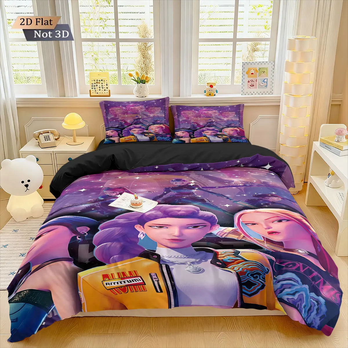 3pcsK-Pop Demon Hunters Printed Core less Down Quilt Set Comfortable Bedroom Dormitory Bedding Holiday Decoration