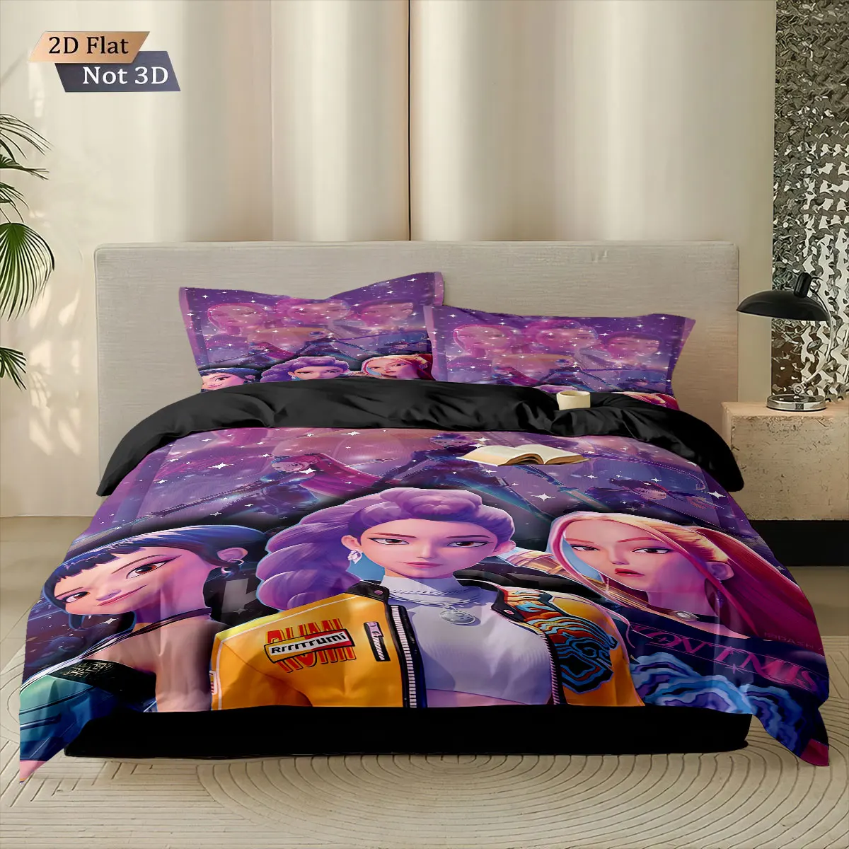 3pcsK-Pop Demon Hunters Printed Core less Down Quilt Set Comfortable Bedroom Dormitory Bedding Holiday Decoration