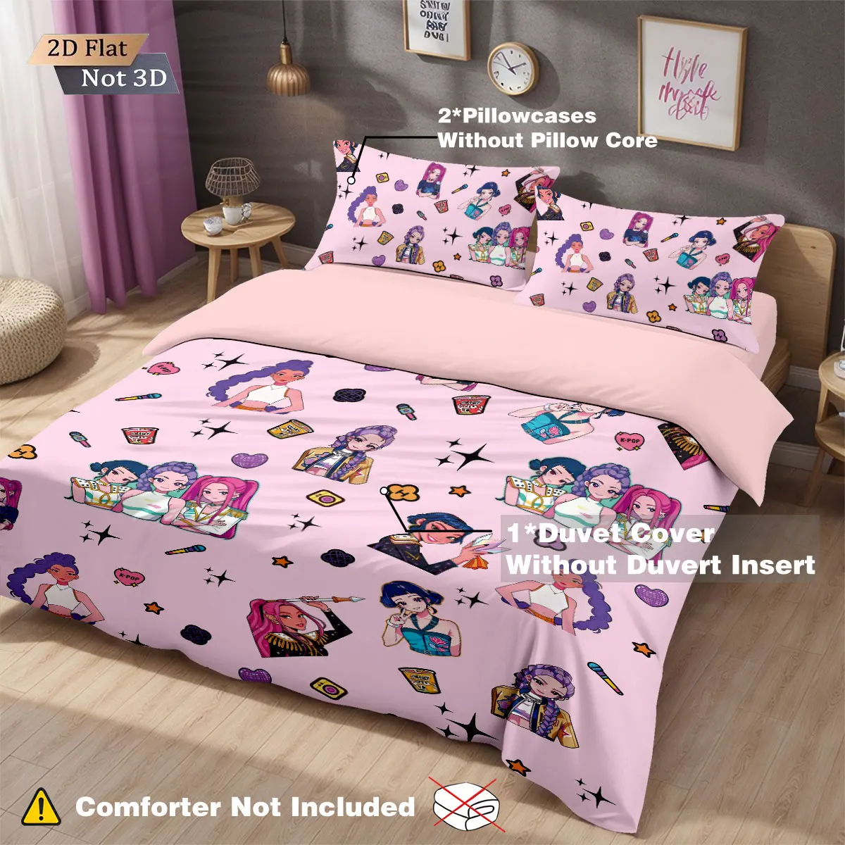 3pc K-Pop Demon Hunters printed coreless down duvet cover in multiple sizes, soft bedroom bedding decoration, machine washable