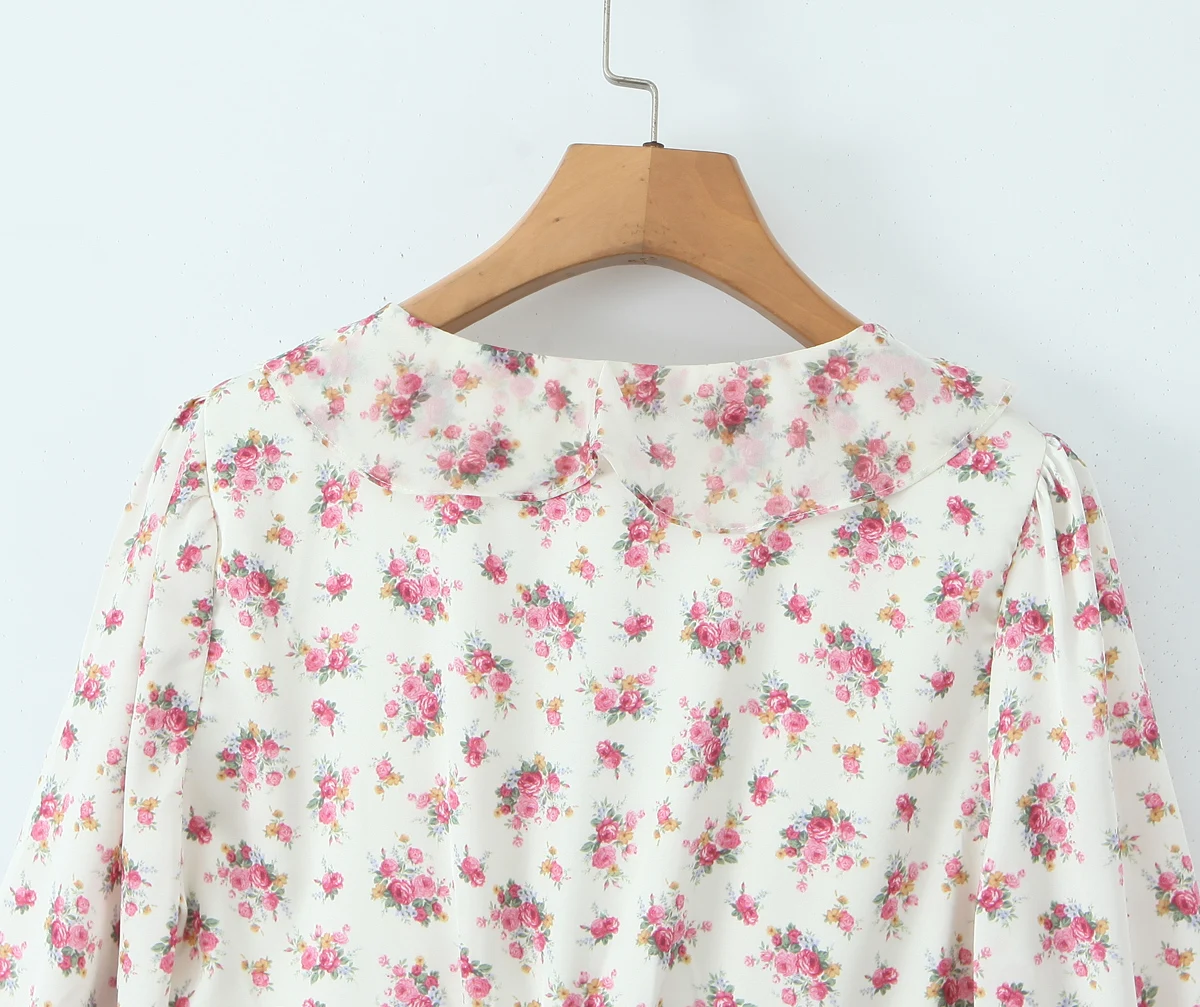 2025 Women White Pink Flower Print Puff Long Sleeve Dress Open Buttons Wood ears Ruffles Hem Mini Shirt Dresses Holiday Robe