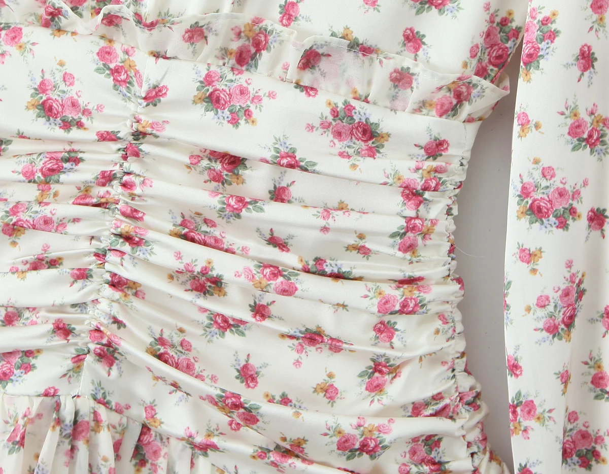 2025 Women White Pink Flower Print Puff Long Sleeve Dress Open Buttons Wood ears Ruffles Hem Mini Shirt Dresses Holiday Robe