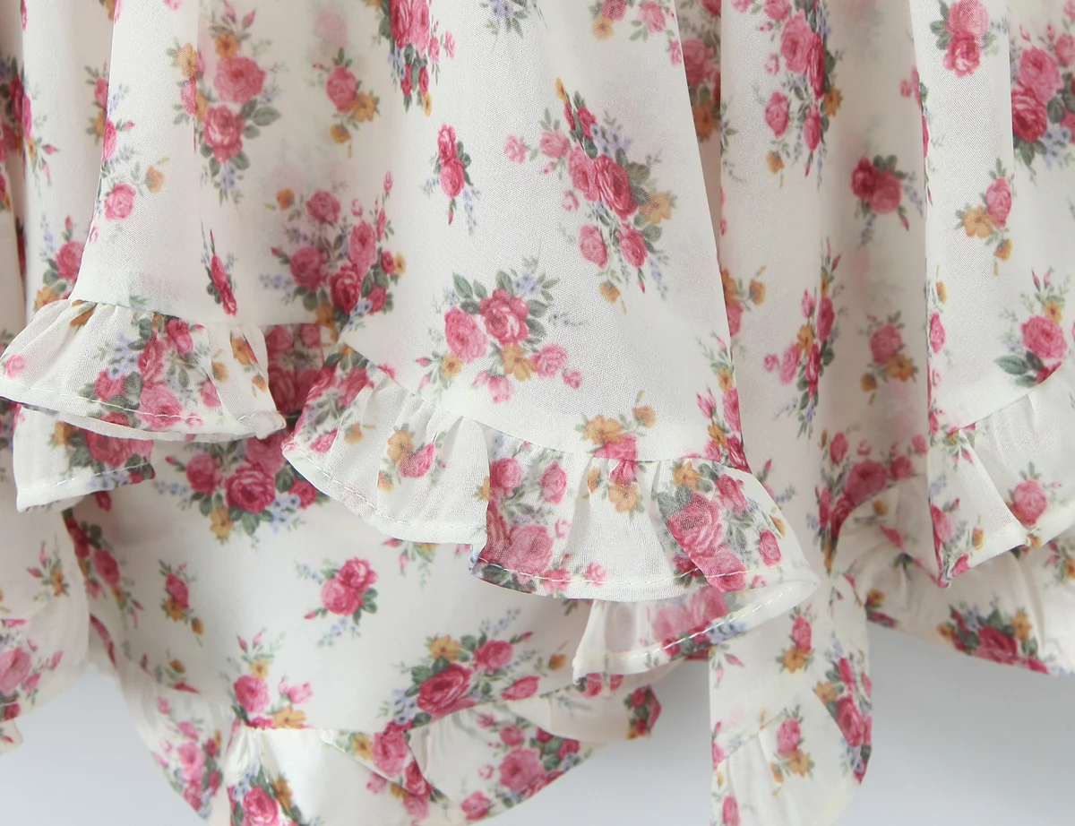 2025 Women White Pink Flower Print Puff Long Sleeve Dress Open Buttons Wood ears Ruffles Hem Mini Shirt Dresses Holiday Robe