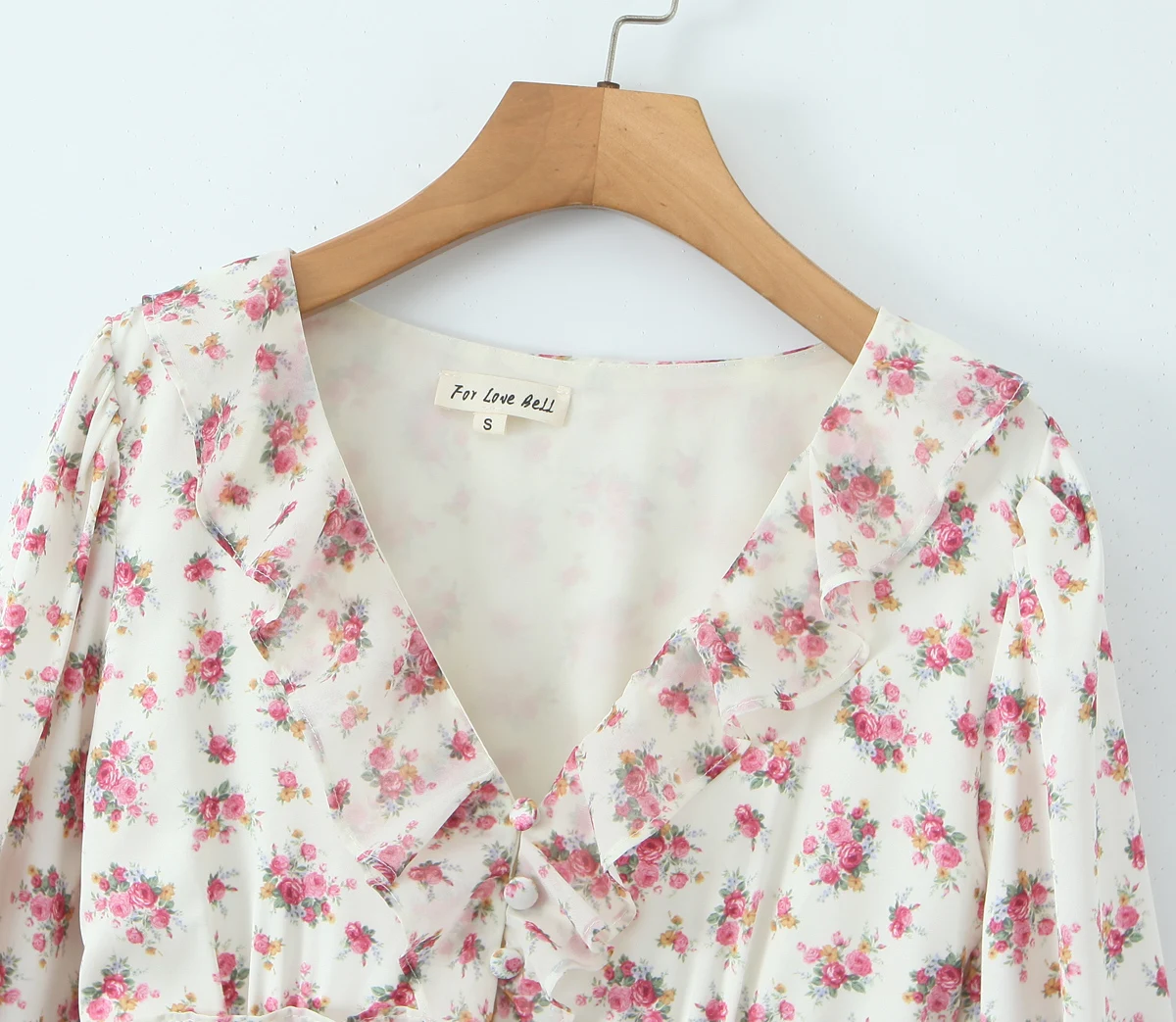 2025 Women White Pink Flower Print Puff Long Sleeve Dress Open Buttons Wood ears Ruffles Hem Mini Shirt Dresses Holiday Robe