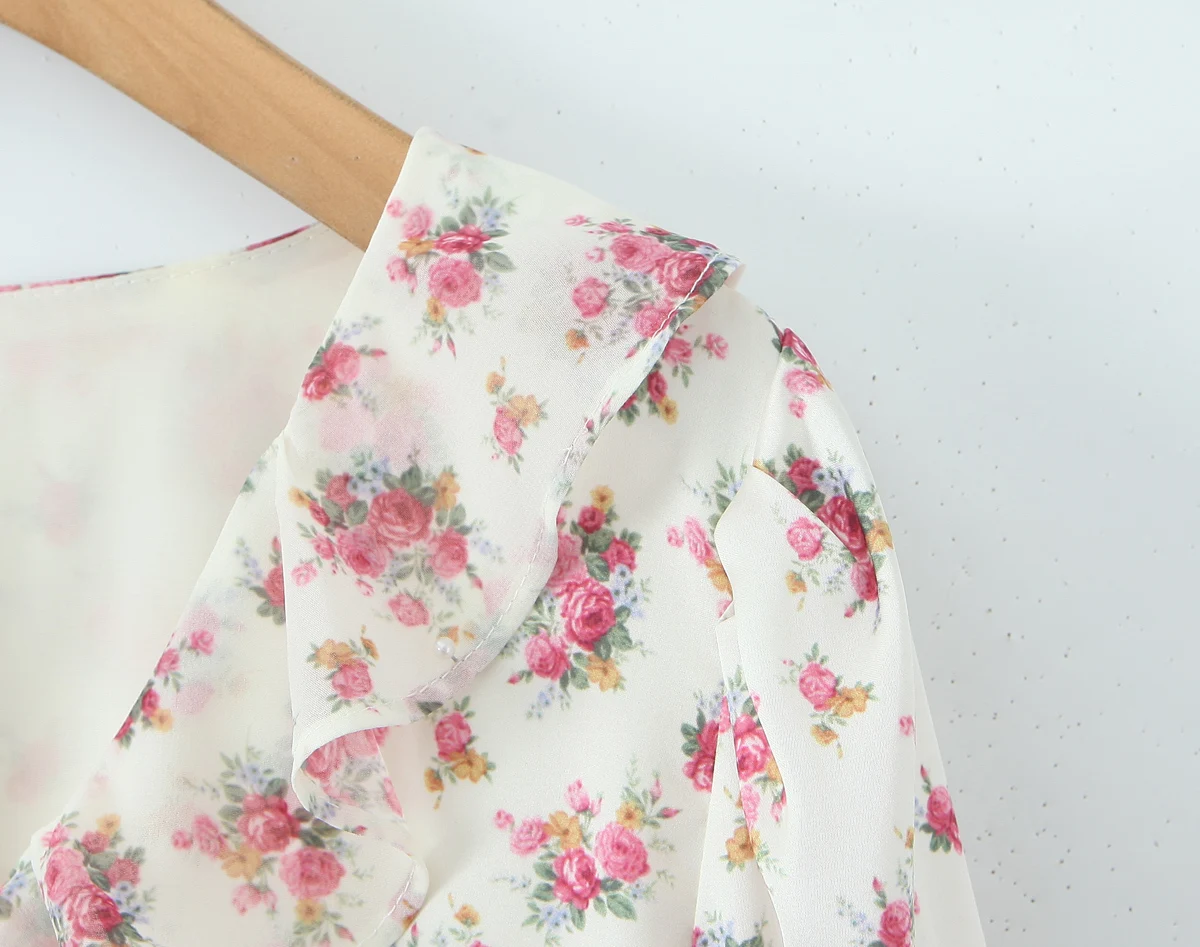 2025 Women White Pink Flower Print Puff Long Sleeve Dress Open Buttons Wood ears Ruffles Hem Mini Shirt Dresses Holiday Robe