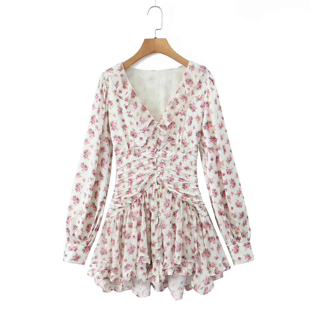 2025 Women White Pink Flower Print Puff Long Sleeve Dress Open Buttons Wood ears Ruffles Hem Mini Shirt Dresses Holiday Robe