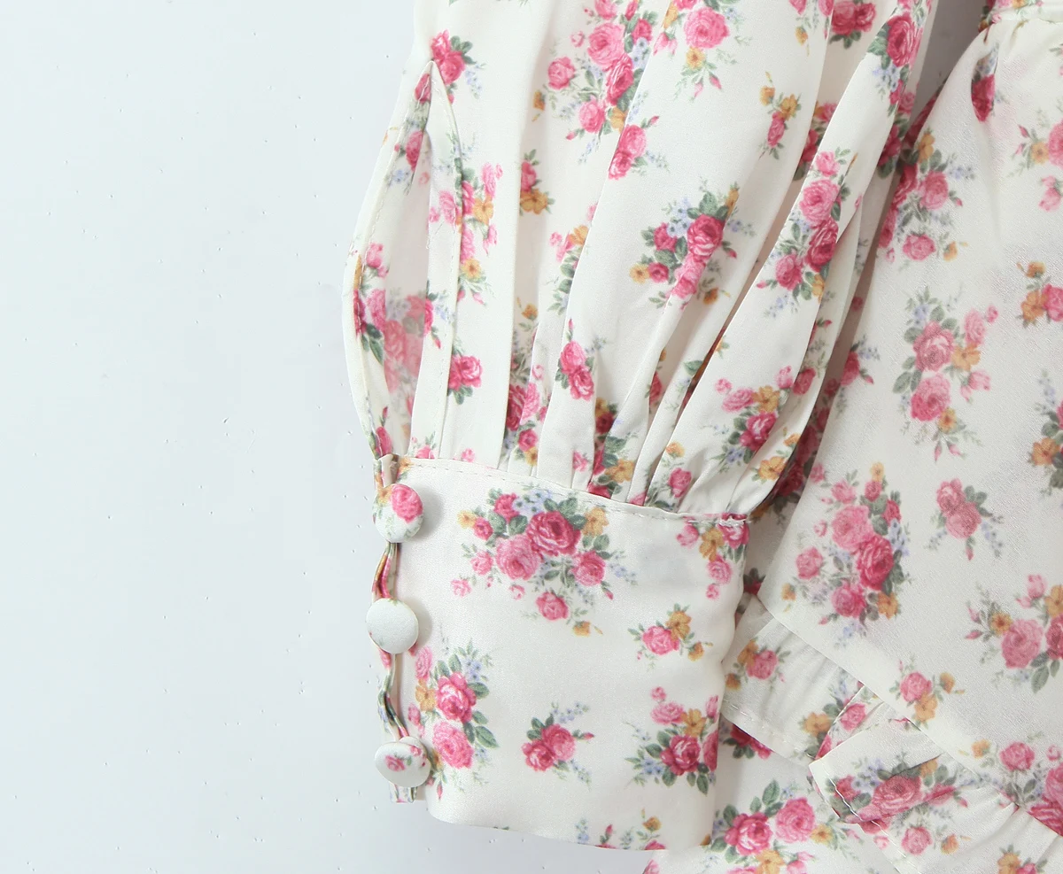 2025 Women White Pink Flower Print Puff Long Sleeve Dress Open Buttons Wood ears Ruffles Hem Mini Shirt Dresses Holiday Robe