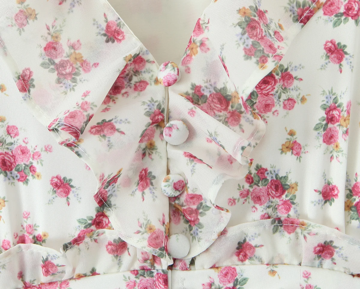 2025 Women White Pink Flower Print Puff Long Sleeve Dress Open Buttons Wood ears Ruffles Hem Mini Shirt Dresses Holiday Robe