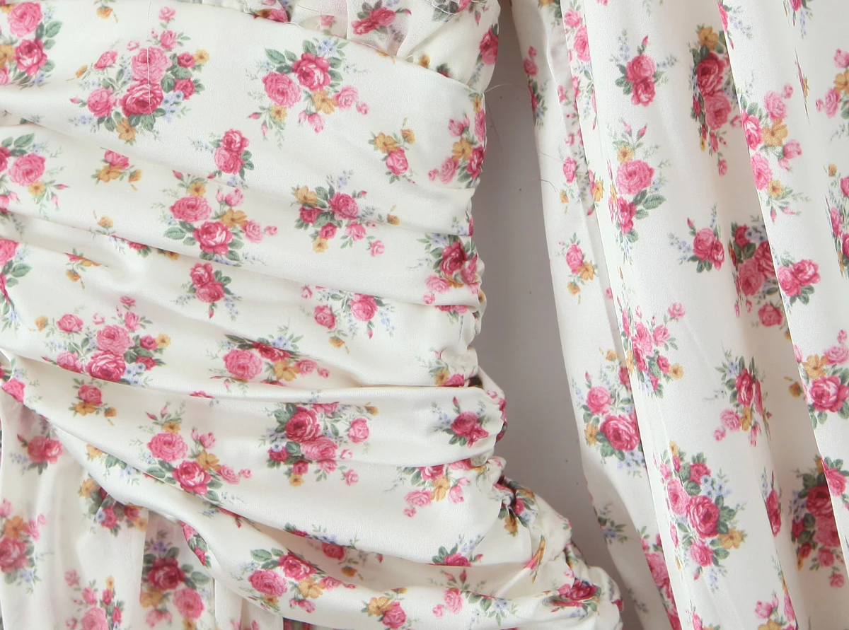 2025 Women White Pink Flower Print Puff Long Sleeve Dress Open Buttons Wood ears Ruffles Hem Mini Shirt Dresses Holiday Robe