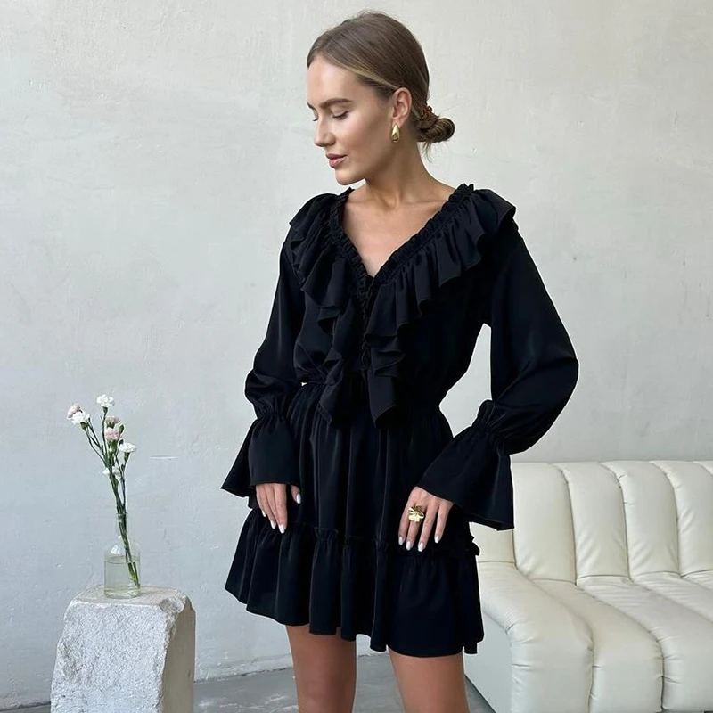 Elegant Ruffles Mini Dress for Women 2025 Autumn Long Sleeve V-Neck Lace-Up Loose Short Dresses For Beach Party Boho Vestidos