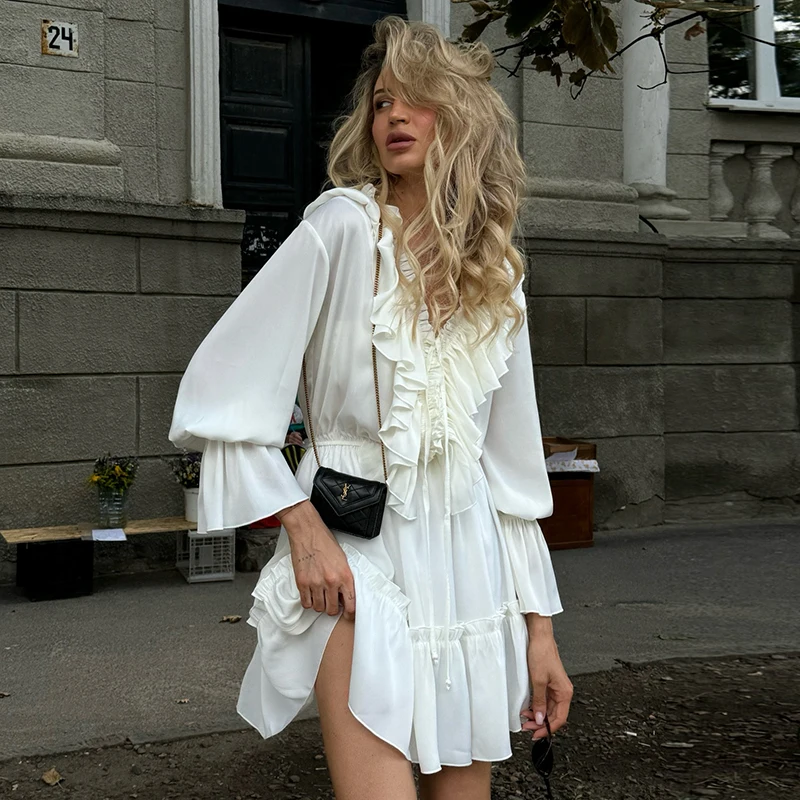 Elegant Ruffles Mini Dress for Women 2025 Autumn Long Sleeve V-Neck Lace-Up Loose Short Dresses For Beach Party Boho Vestidos