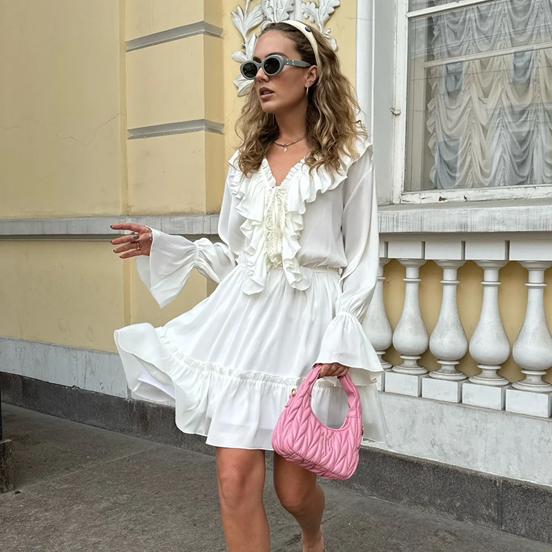 Elegant Ruffles Mini Dress for Women 2025 Autumn Long Sleeve V-Neck Lace-Up Loose Short Dresses For Beach Party Boho Vestidos