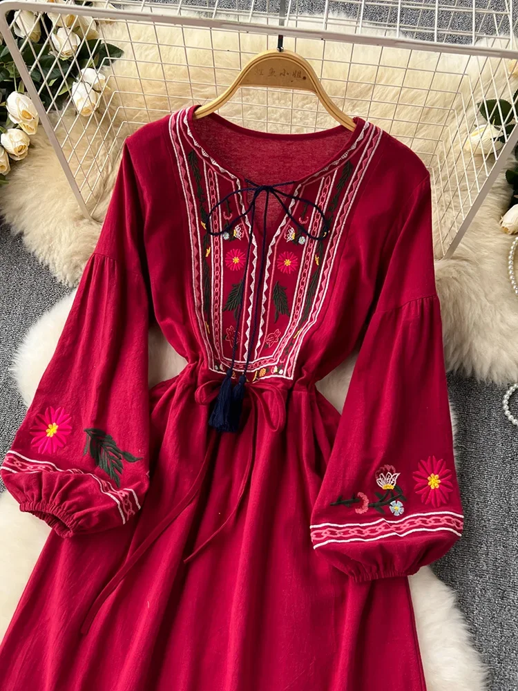 2026 New Spring Autumn Vacation Retro Ethnic Embroidery Dress Lantern Long Sleeve Waist Bohemian Dress A157