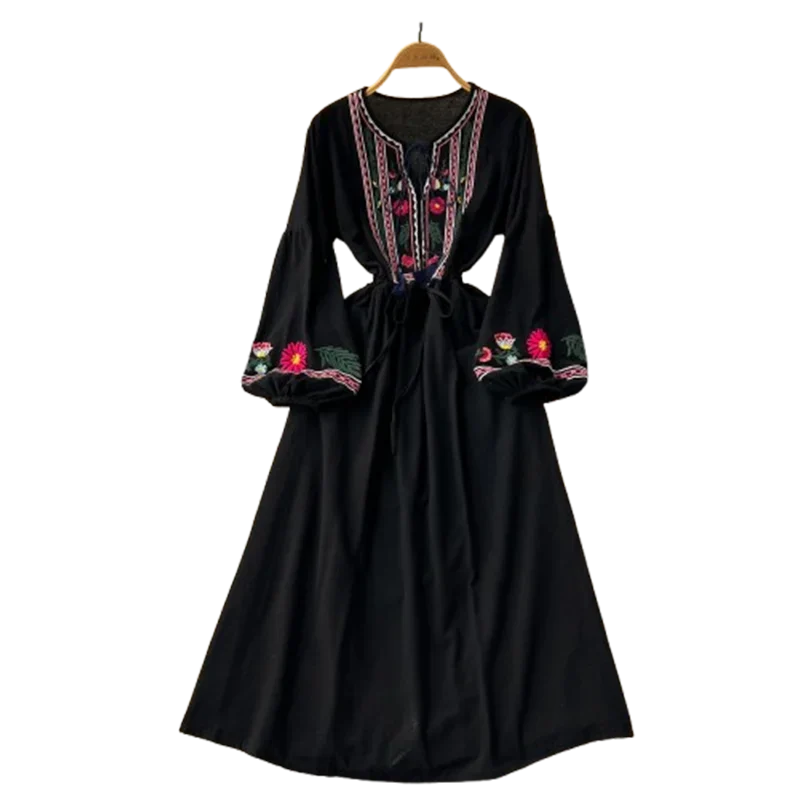 2026 New Spring Autumn Vacation Retro Ethnic Embroidery Dress Lantern Long Sleeve Waist Bohemian Dress A157