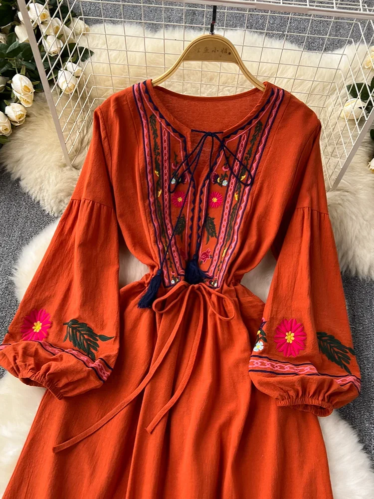 2026 New Spring Autumn Vacation Retro Ethnic Embroidery Dress Lantern Long Sleeve Waist Bohemian Dress A157