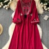 Embroidered Boho Mini Dress - Lantern Sleeve Ethnic Style