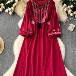 Embroidered Boho Mini Dress - Lantern Sleeve Ethnic Style