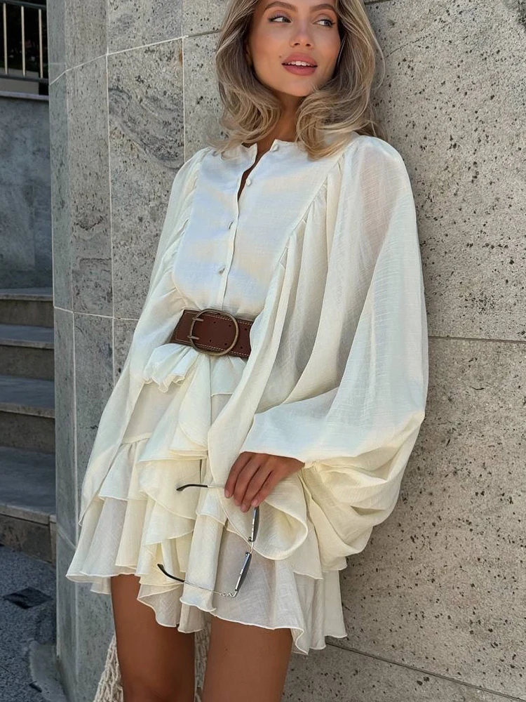 FSMG Elegant Lantern Sleeve Ruffle Edge Mini Dress Casual O Neck Pleated Single Breasted Loose Short Skirt Holiday Banquet Dress