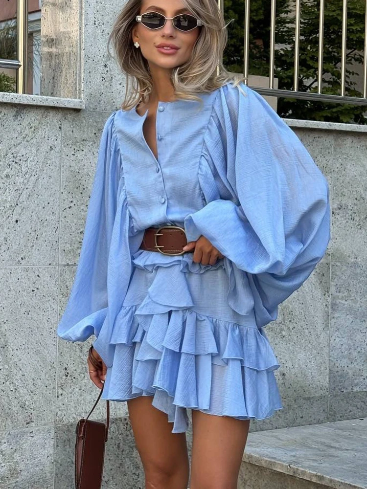 FSMG Elegant Lantern Sleeve Ruffle Edge Mini Dress Casual O Neck Pleated Single Breasted Loose Short Skirt Holiday Banquet Dress