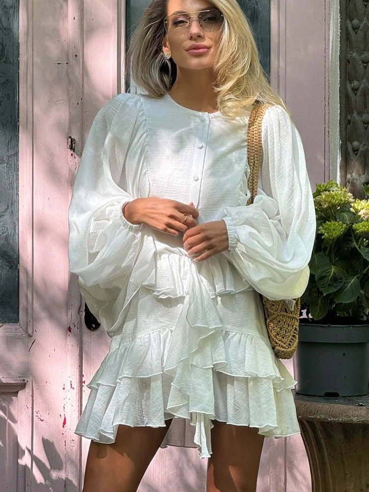 FSMG Elegant Lantern Sleeve Ruffle Edge Mini Dress Casual O Neck Pleated Single Breasted Loose Short Skirt Holiday Banquet Dress