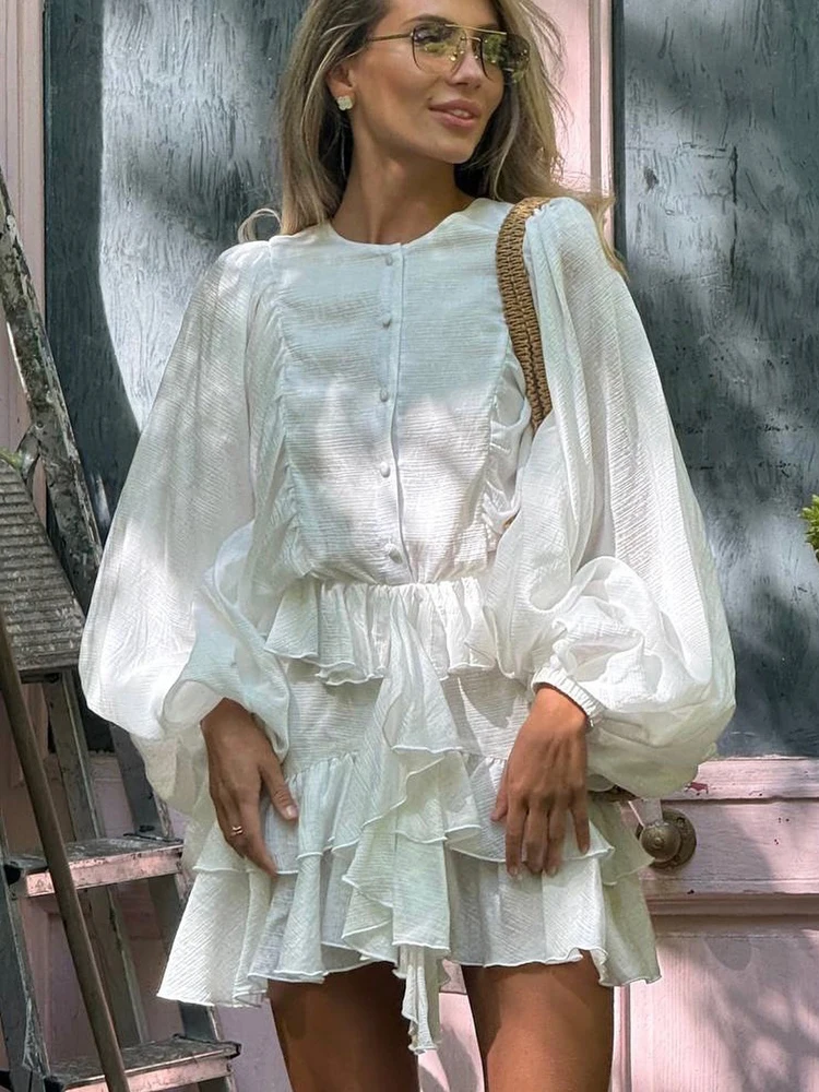 FSMG Elegant Lantern Sleeve Ruffle Edge Mini Dress Casual O Neck Pleated Single Breasted Loose Short Skirt Holiday Banquet Dress