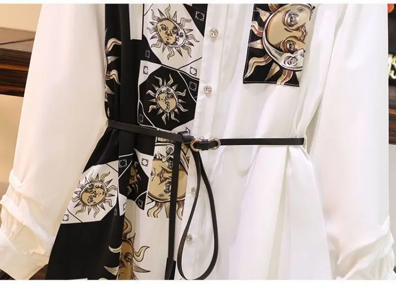 Vintage Print A-Line With Belt Loose Polo Neck Women's Dress Elegant Single-Breasted Knee Length Dresses For Women 2024 Spring