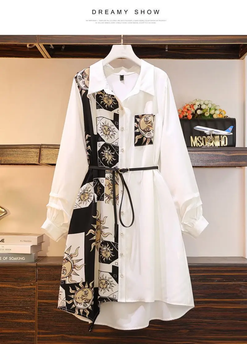 Vintage Print A-Line With Belt Loose Polo Neck Women's Dress Elegant Single-Breasted Knee Length Dresses For Women 2024 Spring