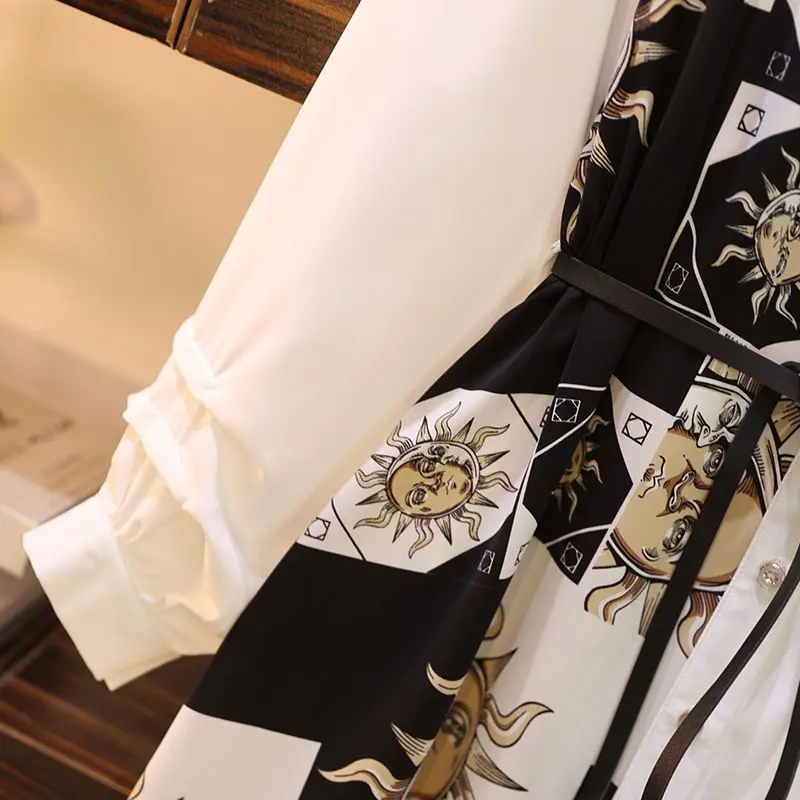 Vintage Print A-Line With Belt Loose Polo Neck Women's Dress Elegant Single-Breasted Knee Length Dresses For Women 2024 Spring