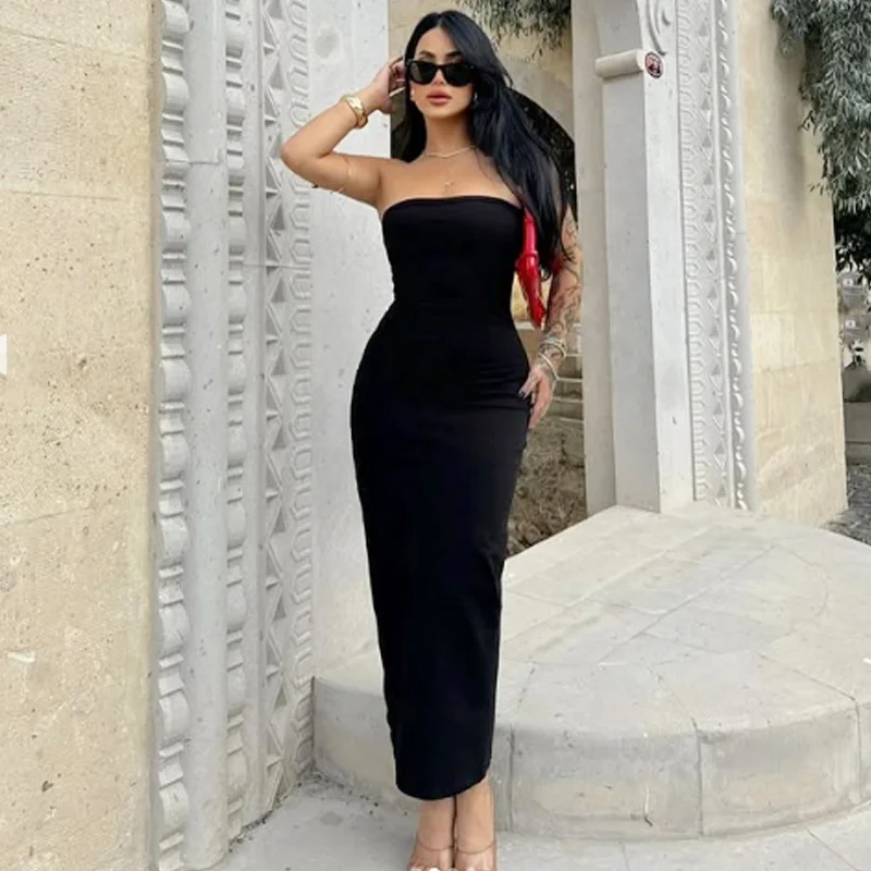 HXAO 2025 Womens Strapless Dresses Summer Off White Black White Dress Midi Ruffled Off Shoulder Backless Dress Prom Vestidos 066