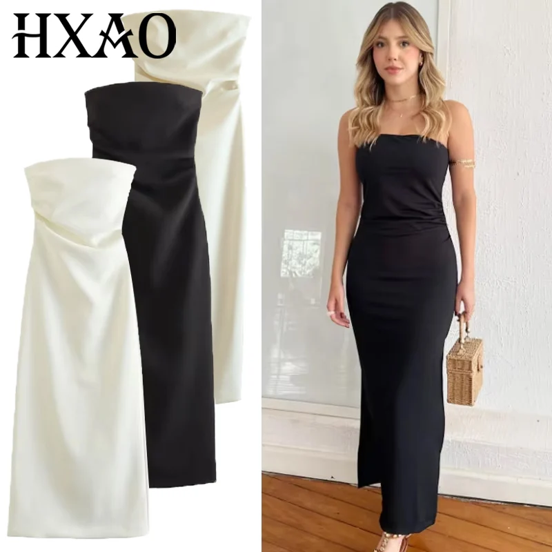 HXAO 2025 Womens Strapless Dresses Summer Off White Black White Dress Midi Ruffled Off Shoulder Backless Dress Prom Vestidos 066