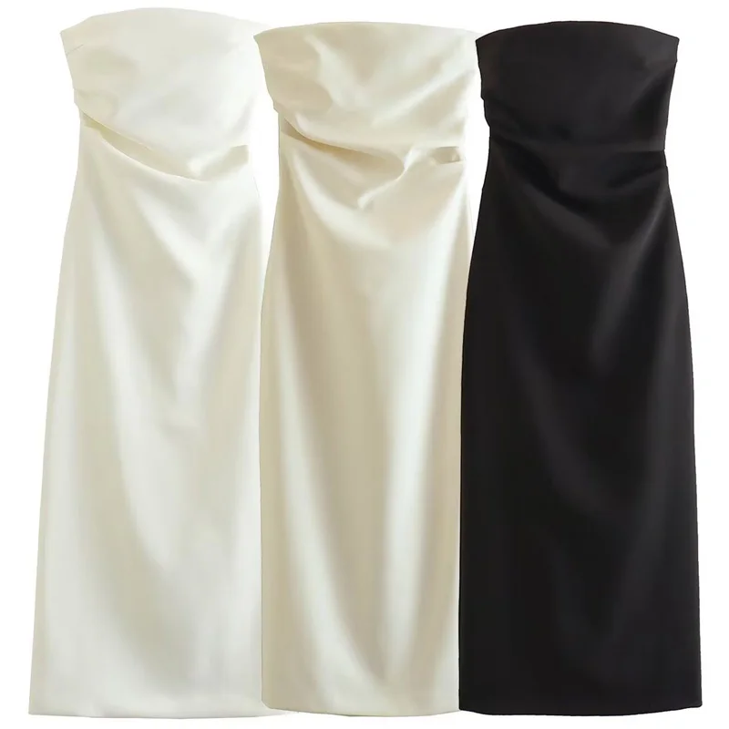 HXAO 2025 Womens Strapless Dresses Summer Off White Black White Dress Midi Ruffled Off Shoulder Backless Dress Prom Vestidos 066