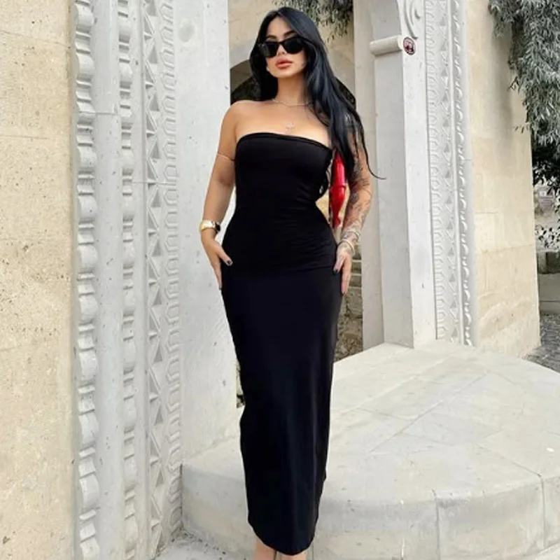 HXAO 2025 Womens Strapless Dresses Summer Off White Black White Dress Midi Ruffled Off Shoulder Backless Dress Prom Vestidos 066