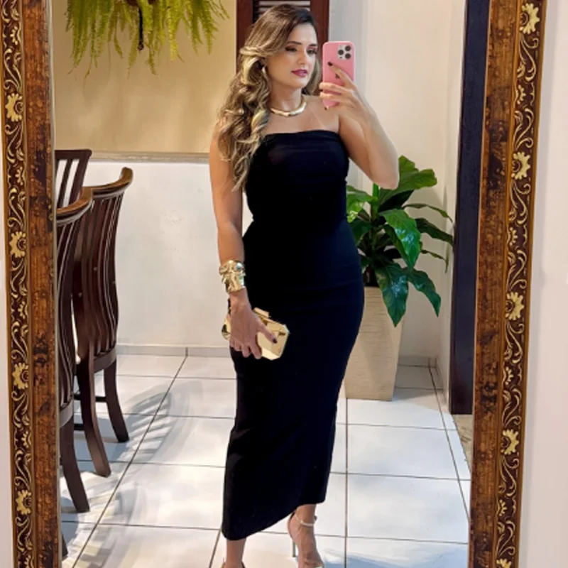 HXAO 2025 Womens Strapless Dresses Summer Off White Black White Dress Midi Ruffled Off Shoulder Backless Dress Prom Vestidos 066