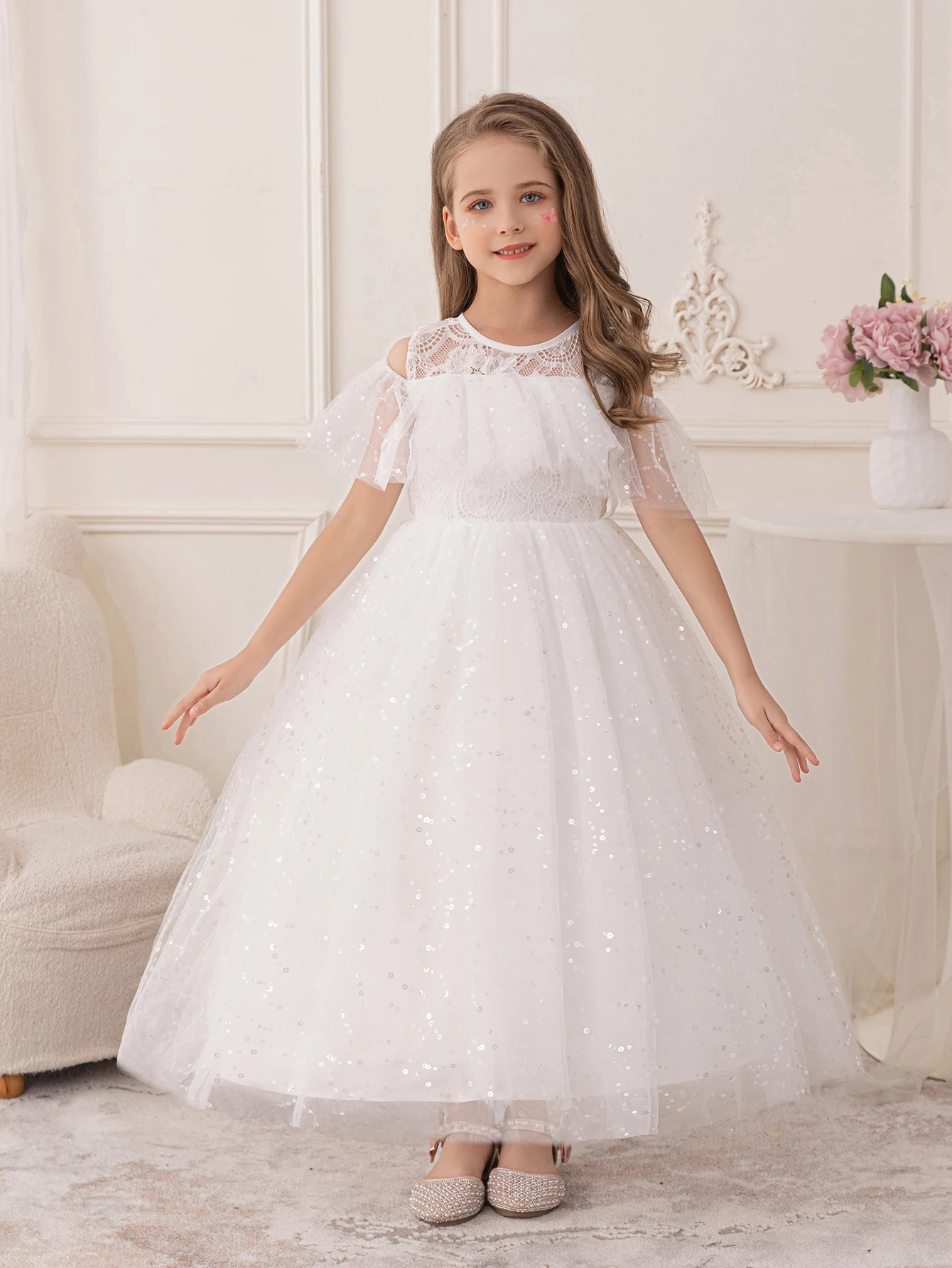Girls' white sequined puffy Frock dress for Wedding little Flower girl bridesmaid Dress gauze skirt