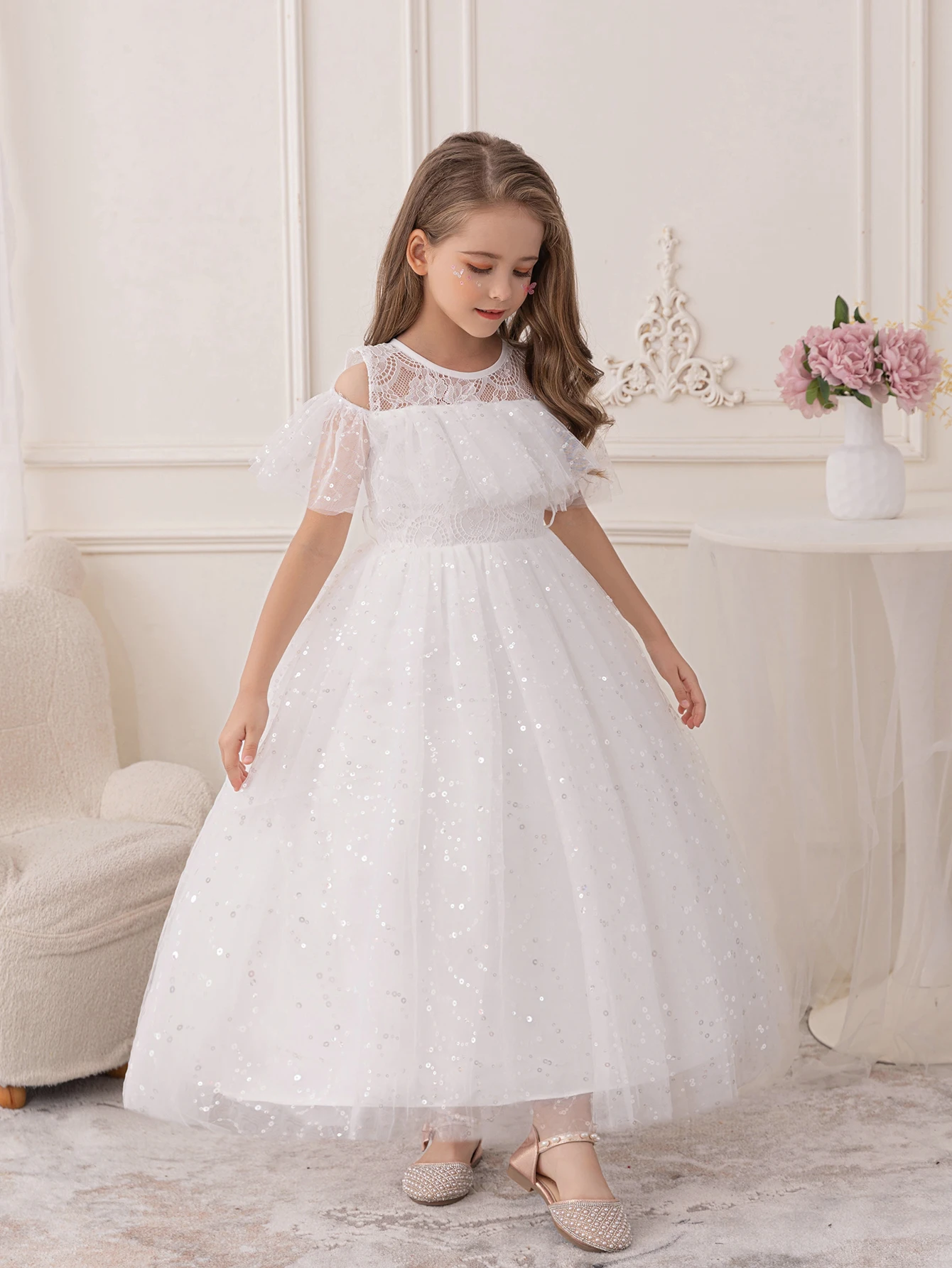 Girls' white sequined puffy Frock dress for Wedding little Flower girl bridesmaid Dress gauze skirt