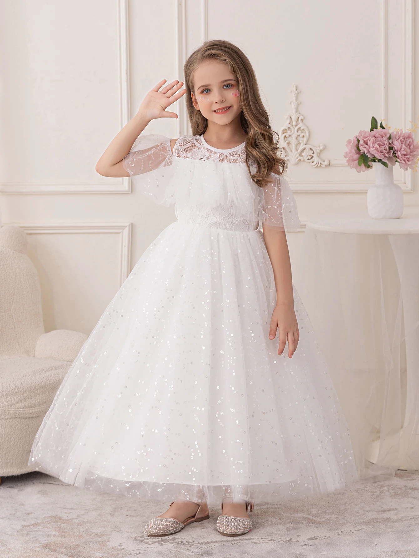 Girls' white sequined puffy Frock dress for Wedding little Flower girl bridesmaid Dress gauze skirt