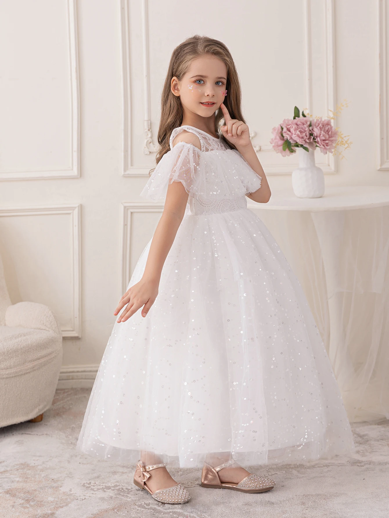 Girls' white sequined puffy Frock dress for Wedding little Flower girl bridesmaid Dress gauze skirt
