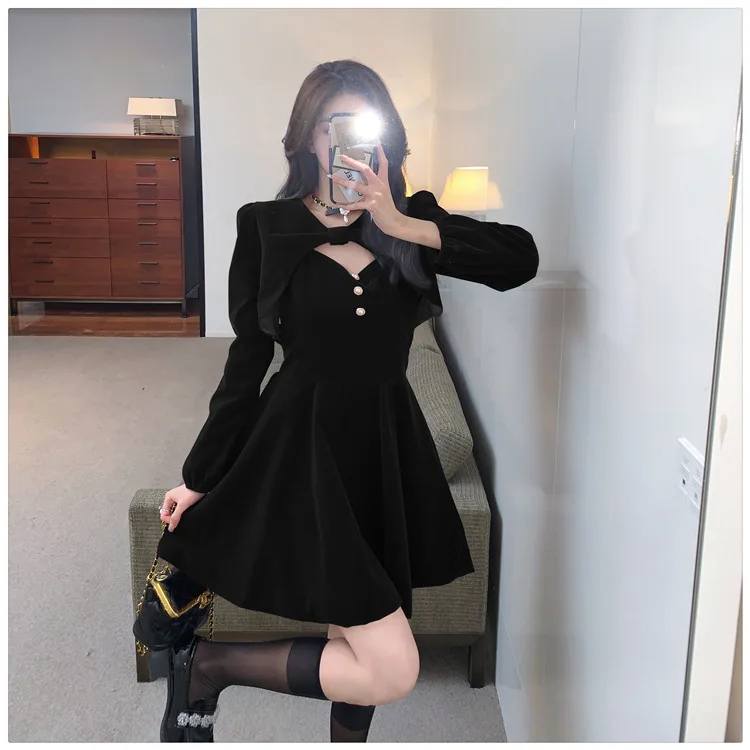 Red Velvet Princess Dress with Shawl Long Sleeve Christmas New Year Elegant Fashion Two-Piece Set Short A- Line Skirt