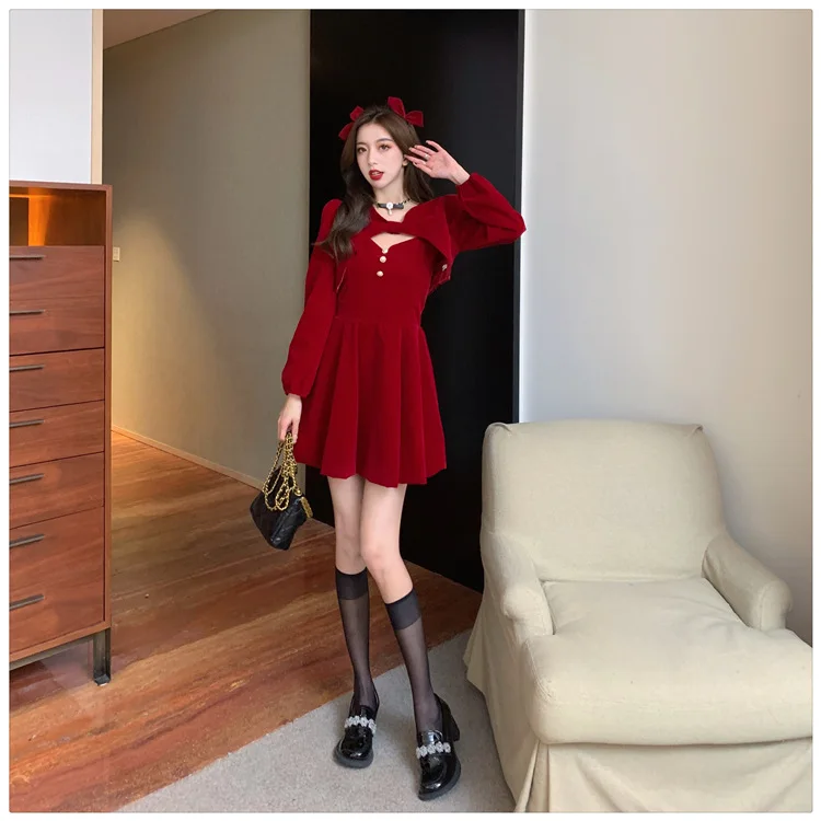 Red Velvet Princess Dress with Shawl Long Sleeve Christmas New Year Elegant Fashion Two-Piece Set Short A- Line Skirt