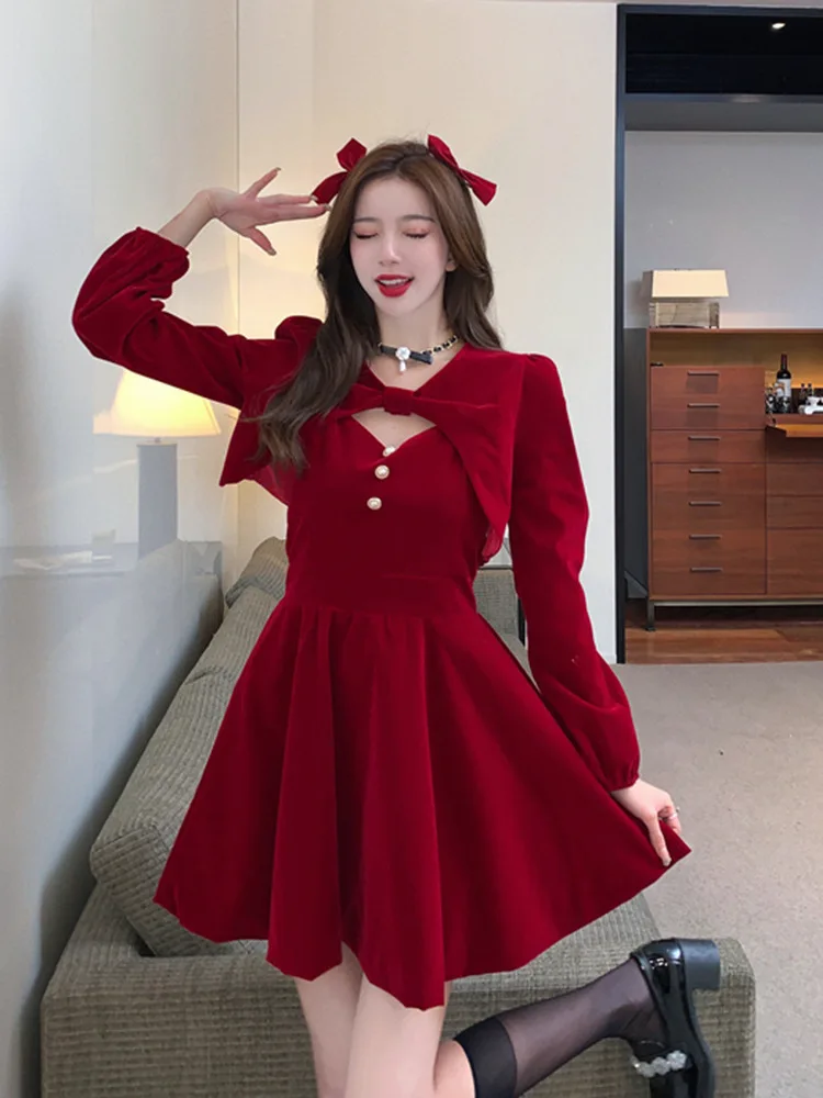 Red Velvet Princess Dress with Shawl Long Sleeve Christmas New Year Elegant Fashion Two-Piece Set Short A- Line Skirt