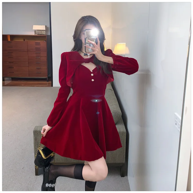 Red Velvet Princess Dress with Shawl Long Sleeve Christmas New Year Elegant Fashion Two-Piece Set Short A- Line Skirt