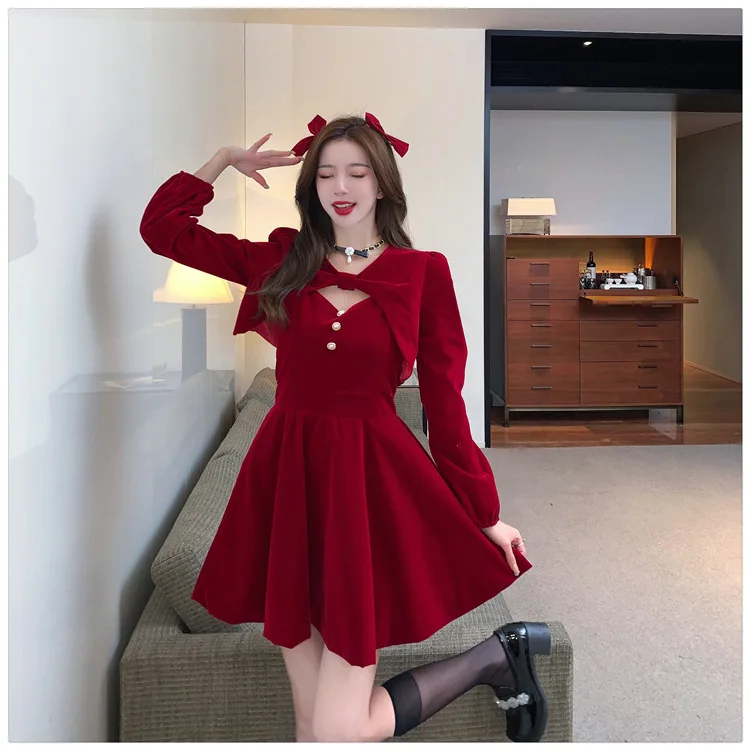 Red Velvet Princess Dress with Shawl Long Sleeve Christmas New Year Elegant Fashion Two-Piece Set Short A- Line Skirt