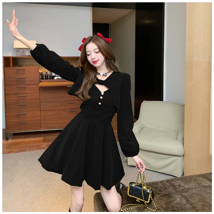 Red Velvet Princess Dress with Shawl Long Sleeve Christmas New Year Elegant Fashion Two-Piece Set Short A- Line Skirt