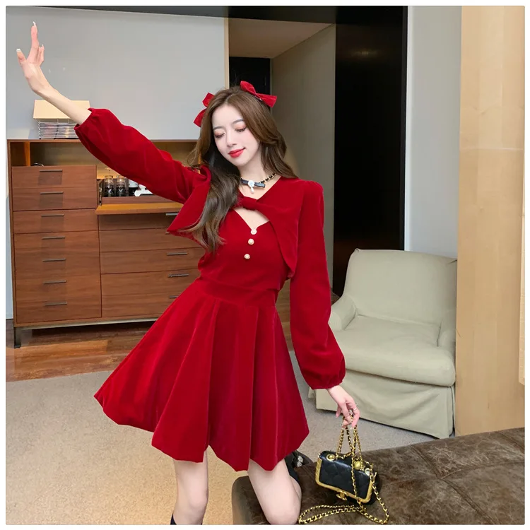 Red Velvet Princess Dress with Shawl Long Sleeve Christmas New Year Elegant Fashion Two-Piece Set Short A- Line Skirt